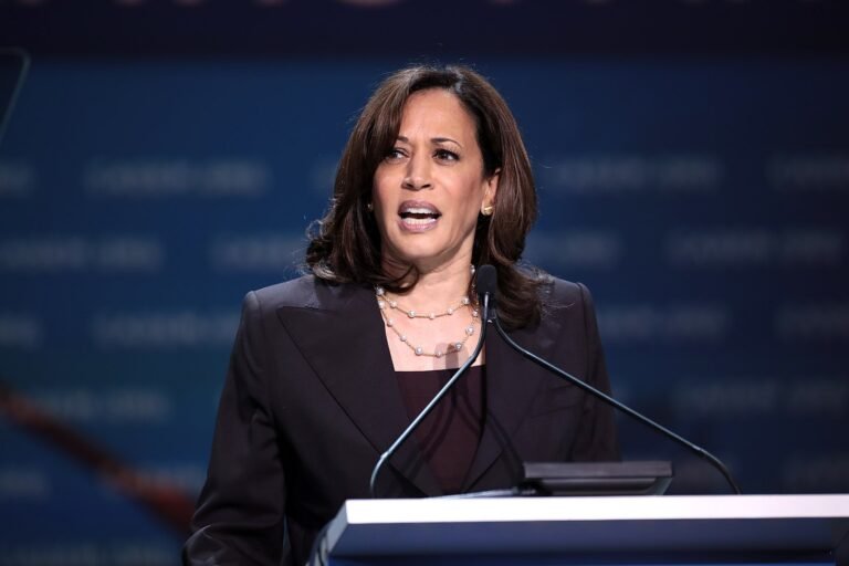 Kamala Harris is giving speech.